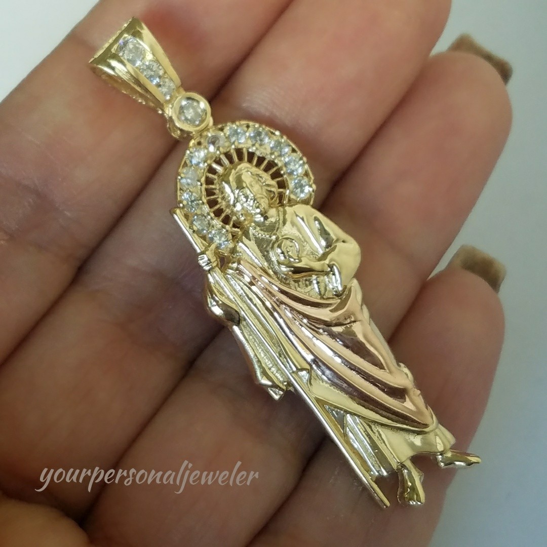 Big 14k yellow rose Gold Saint Jude judas Pendant charm inch long