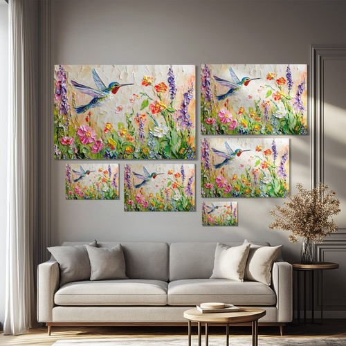 Bonita impresión de pintura sobre lienzo de arte de pared de colibrí y flores silvestres de primavera - Imagen 8 de 11