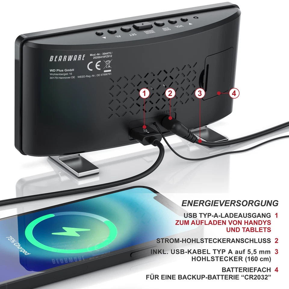 Bearware Design Radiowecker 7 Tasten 2 Weckalarme Snooze LED 15 FM Speicher - Bild 4 von 4