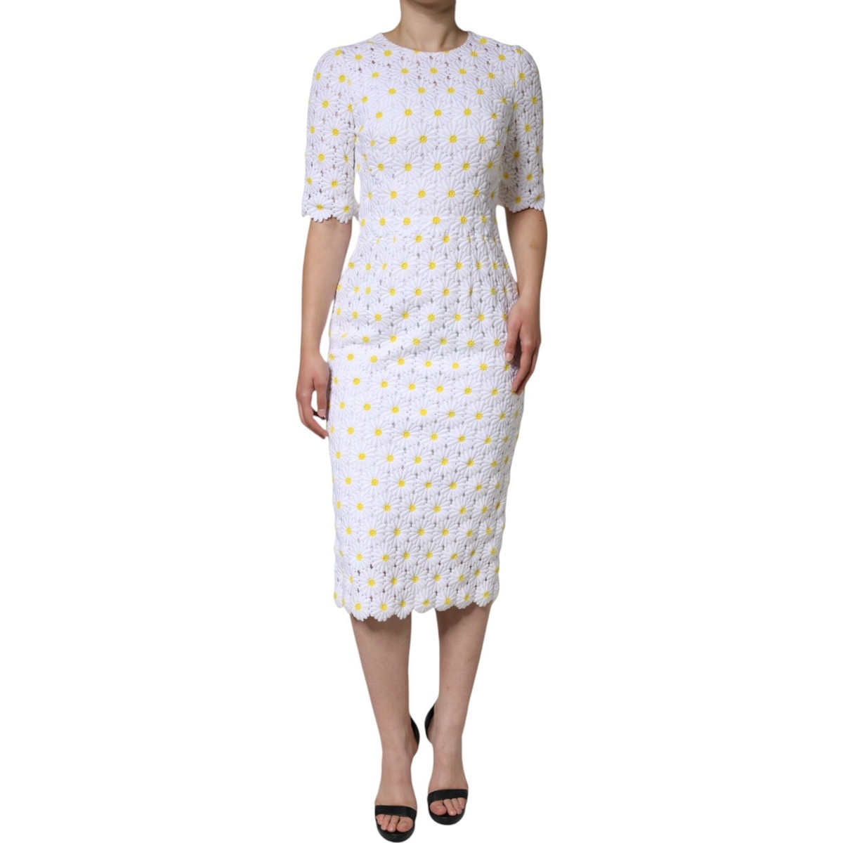 DOLCE & GABBANA Dress White Daisy Macrame Lace Sheath Midi IT40