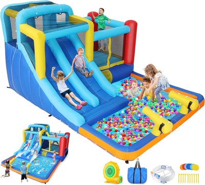 Inflatable Bounce House with 480W Blower, 2 Racing Slides, Water Cannon Wet/Dry~