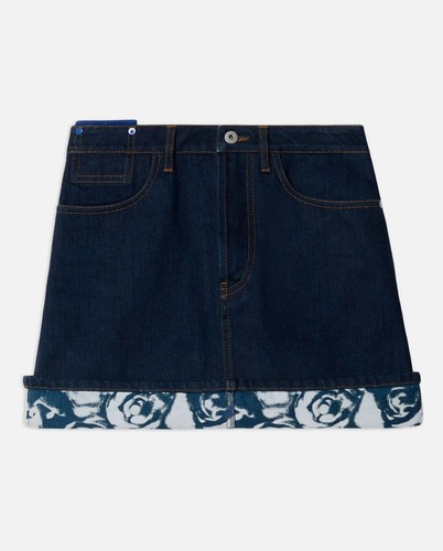 BURBERRY heavyweight navy blue Japanese denim mini skirt with rose print hem NWT