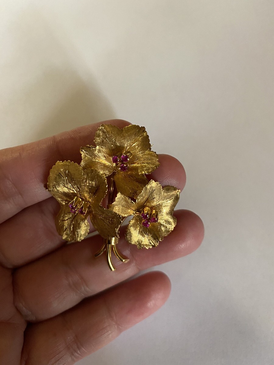 Tiffany & Co 18K Ruby Diamond Triple Flower Bouquet Brooch Pin