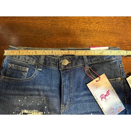 NWT Almost Famous Mid Rise Roll Up Jeans Women 9 Blue Denim Distressed Raw Hem - Picture 6 of 18