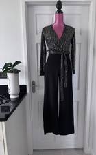 QUIZ .. Black & Gold Sequin Cross Over Bodice Belted Jumpsuit Size 8