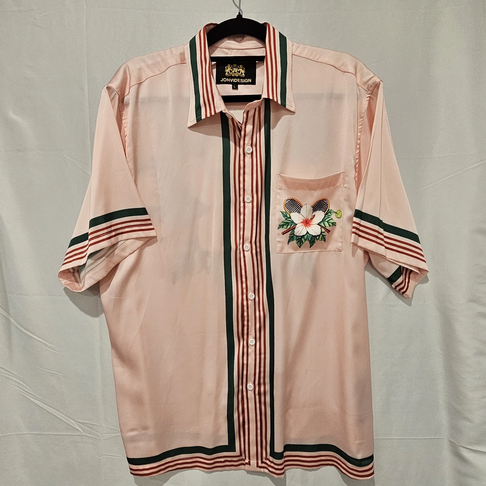 Jonvidesign Men's L Pink Floral Shirt Silky Lightweight Short Sleeve Button Up