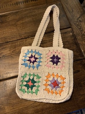 Boho Retro Crocheted Purse Granny Square Shoulder Bag Multicolor Crochet Knit