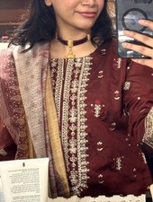 Elegant South Asian Maroon Embroidered Kurta with Dupatta and Pants