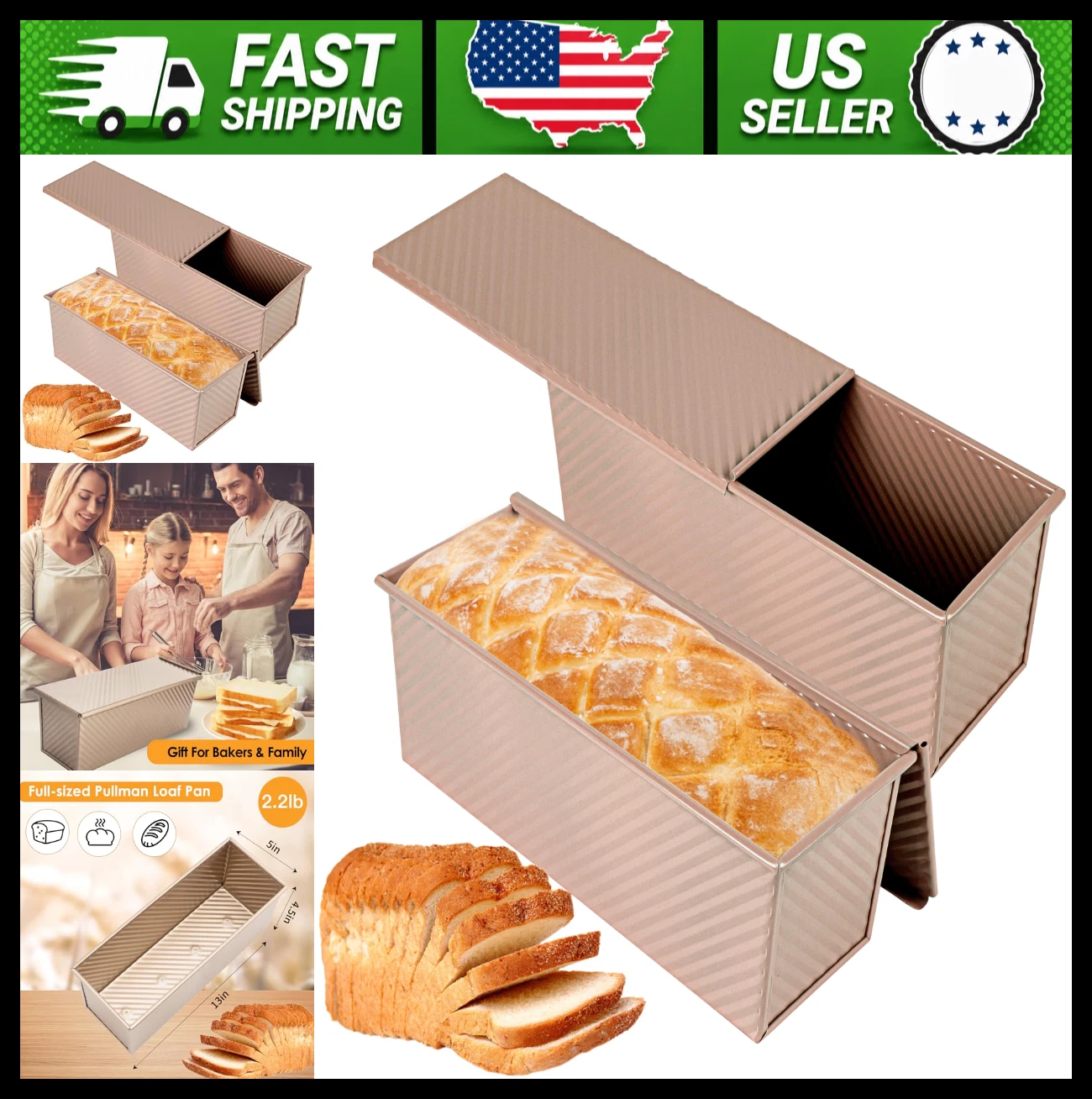 2-Pack Gold Pullman Loaf Pan with Lid Non-Stick Bread Pan