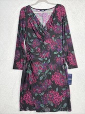 Chaps Ralph Lauren Jersey Dress L Dark Floral Faux Wrap Stretch Career Feminine