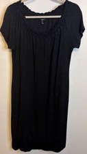 TALBOTS Jersey Knit Black Short Sleeve Braided Neckline Dress Petite Medium MP