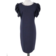 Shelby and Palmer Dress Womens 16 Navy Blue Sheath Crepe Back Zip Pearl Neck