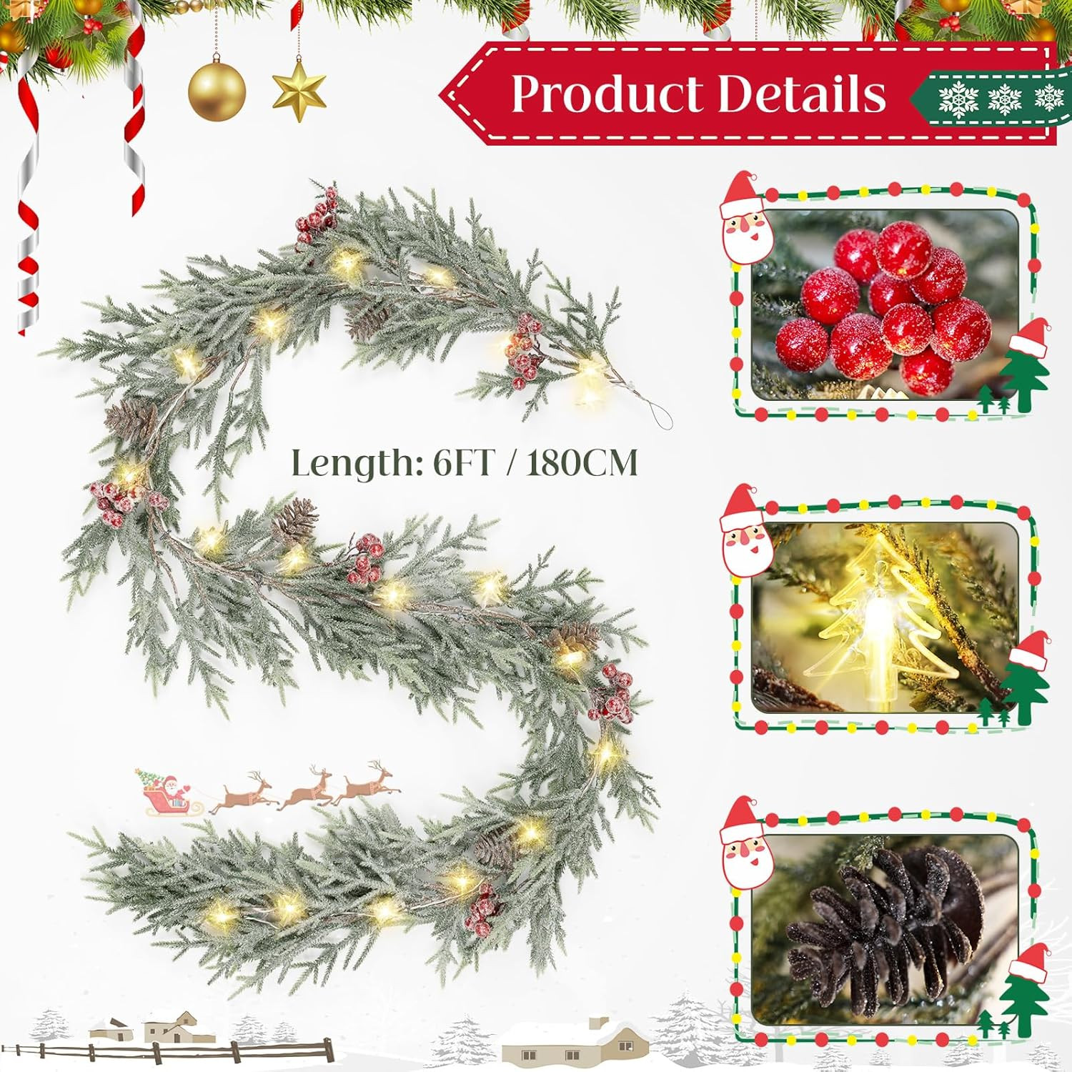 6FT Christmas Garland with Lights, Pre-Lit Artificial Pine Garland with Red Berr