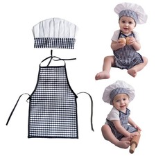 Kids Baby Apron Self-tie Chef Newborn Hat Painter Plaid Costume Unisex Art DIY