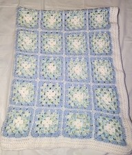 Beautiful Handmade Crochet Baby Blanket Afghan Blue  White Granny Square 50X41