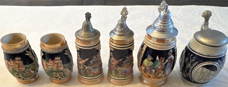 6pc Blue & Beige Painted Ceramic/Porcelain Beer Steins w/ Metal Pewter Lids
