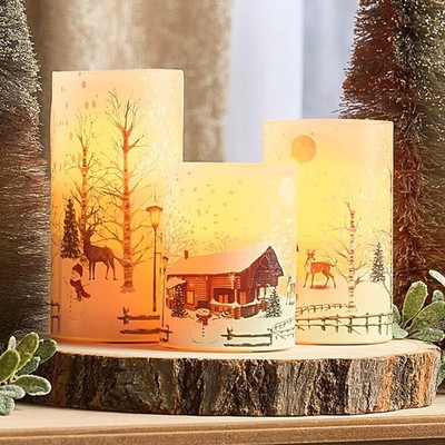 3-PC Christmas Snowy Log Cabin Snowman Flameless LED Pillar Candle Set w/ Remote