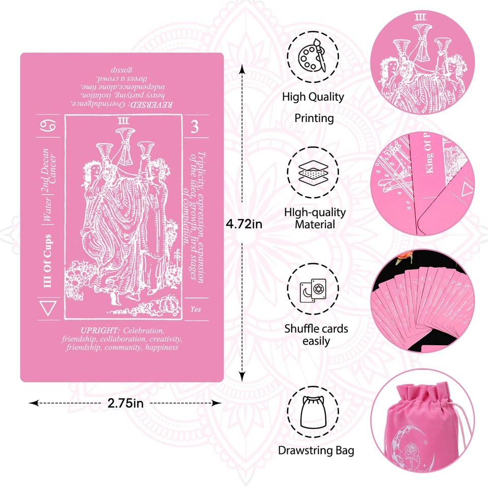 Pink Tarot Cards with Meanings for Beginners, Tarot Cards Deck with