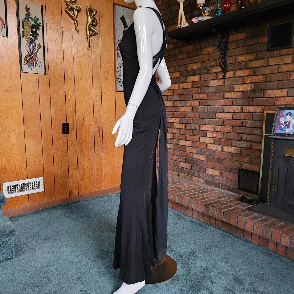 Vtg 80s Blk Mermaid Bandage Chiffon Waterfall Backless Dress Evening Ball Gown M - Image 4 of 4