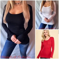 Women's Junior Basic Low Cut Deep Scoop Neck Long Sleeve Stretch Top Tee Shirt