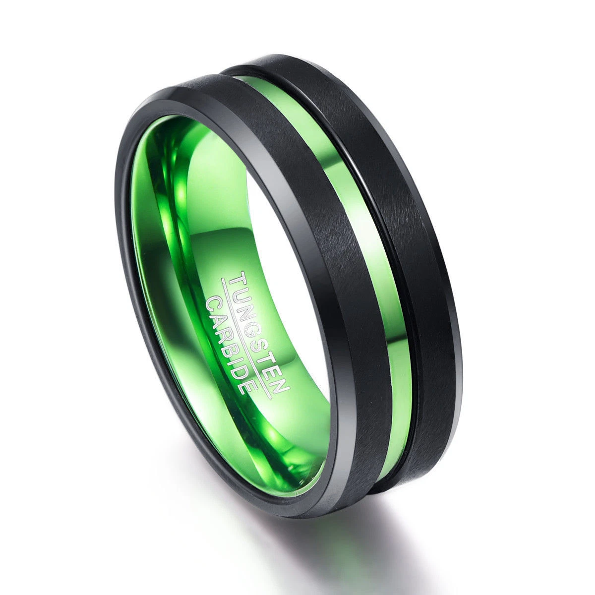 Nuncad Men s 8mm Green Black Tungsten Carbide Ring Matte Finish