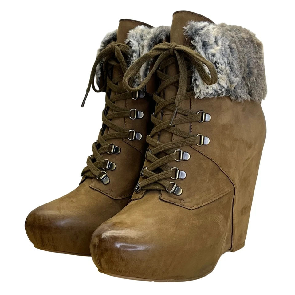 Boutique 9 Women’s Brown Leather & Faux Fur-Lined Daphnea Wedge Boots Sz 7.5M - Image 3 of 4