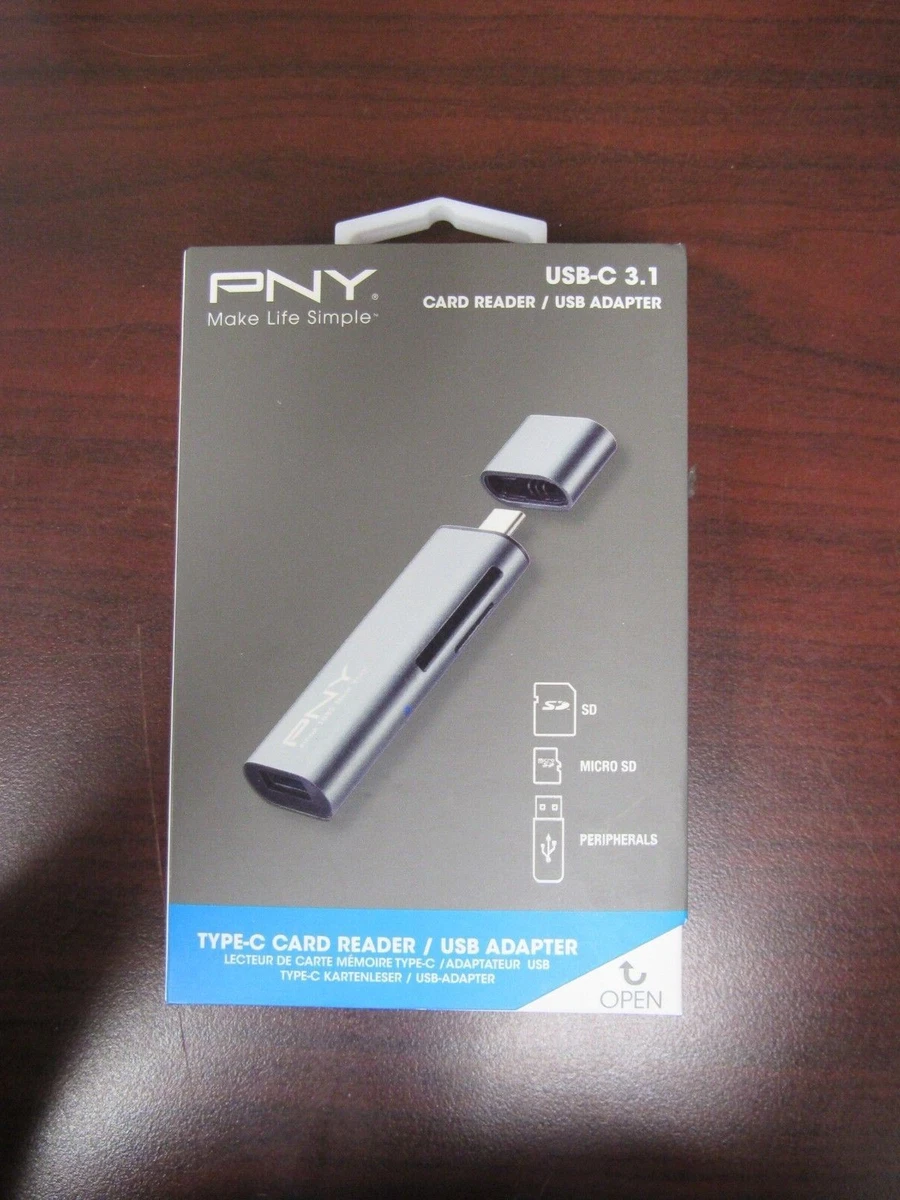 PNY Lettore Di Schede Type-C, Con Porta USB-C Maschio, Slot Per SD E MicroSD (USB 2.0) E Porta USB-A Femmina 3.1, Adattatore Multifunzione