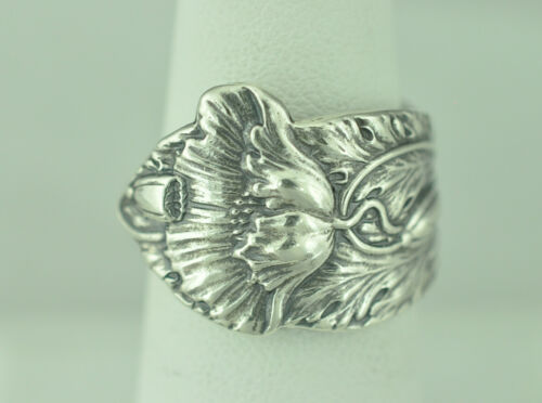 Solid 925 Sterling Silver Large Poppy Flower Floral Adjustable Spoon Ring - Picture 1 of 6
