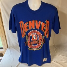 Vtg Early 90s Nutmeg Mens T-Shirt Blue Denver Broncos Big D Logo USA Made Large