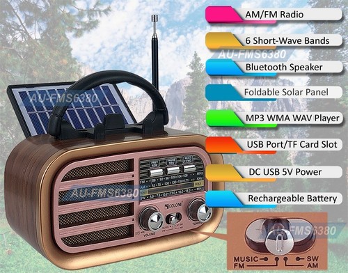 Sintonizador de radio retro AM FM SW con energía solar Altavoz Bluetooth Reproducción de tarjeta SD de USB. - Imagen 2 de 9