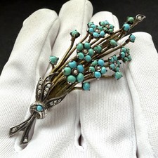 Antike Brosche 750 Silber Türkis Perle Blumenstrauß Handarbeit antik c. 1890