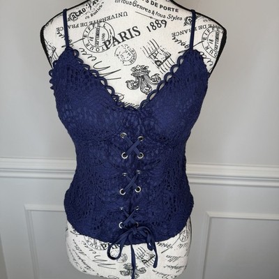 Lily White Women s Corset Top Med Blue Lace Up Spaghetti Straps Lace Coquette