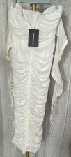 NWT PrettyLittleThing Off The Shoulder Ruched White Midi Dress Sz 6 Long Sleeve