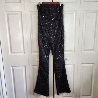 PrettyLittleThing Black Sequin Eyelash Fringe Corset Flare Jumpsuit US 6 UK 10