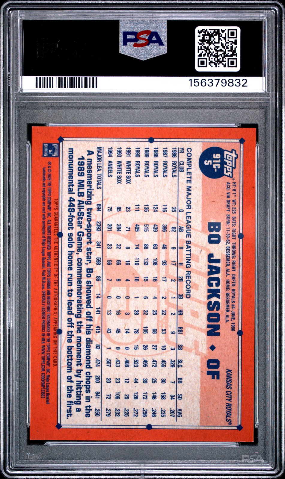 2026 TOPPS SILVER PACK 1991 CHROME PROMO AUTO-ORANGE BO JACKSON 12/25 PSA 10 view 2