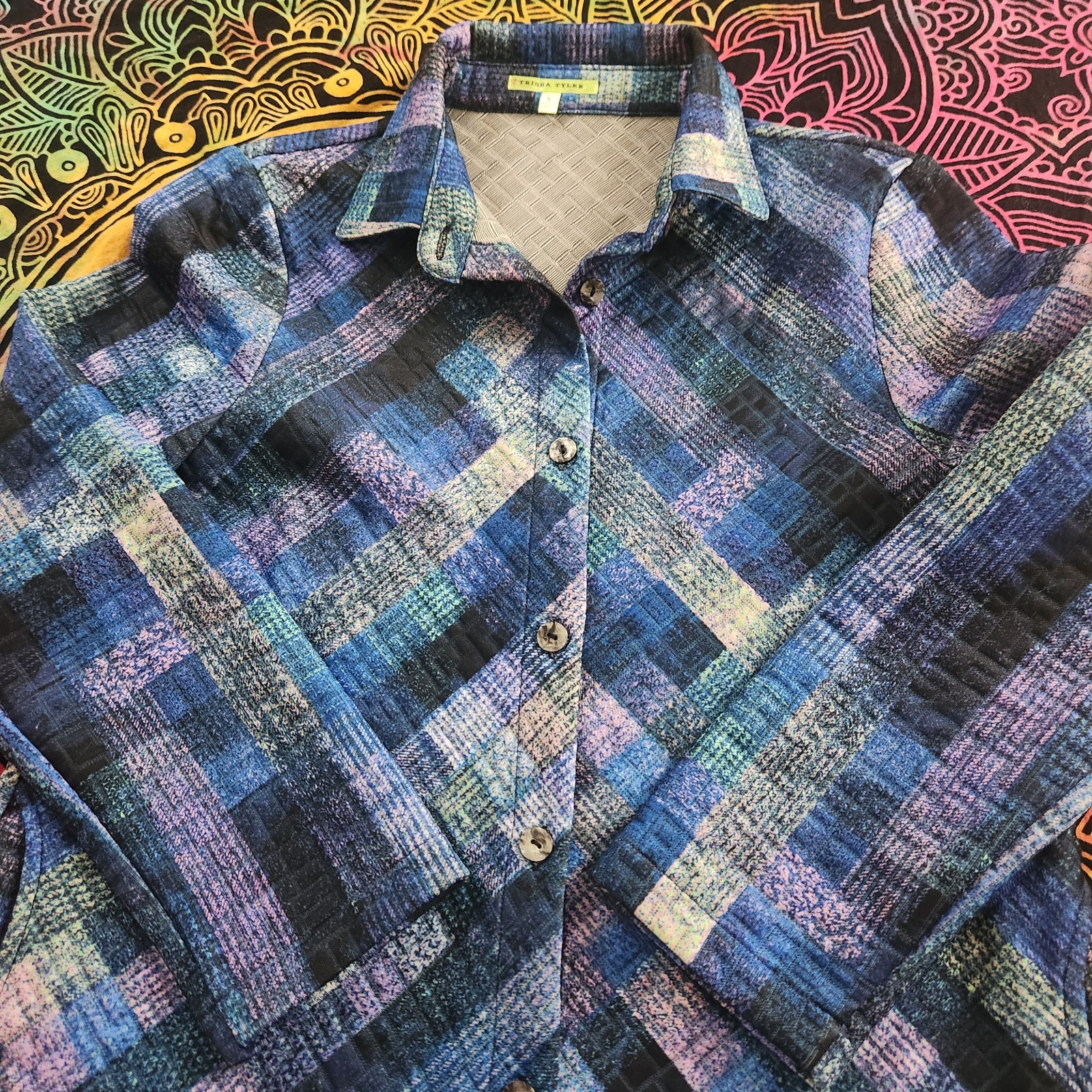 TRISHA TYLER purple patchwork button down shacket… - image 3