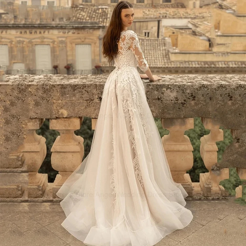 Винтажный трапециевидный свадебные платья O-образным вырезом 3/4 кружева рукава кружева аппликация свадебное платье - Изображение 2 из 4