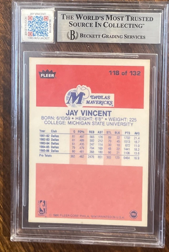 1986 FLEER BASKETBALL #118 JAY  VINCENT JERSEY FUSION BGS 10 AUTO NBA GU LOGO ~~ - Image 2 of 2