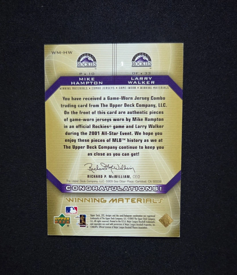 2002 Mike Hampton/Larry Walker Upper Deck SPx Winning Materials Combo Jerseys - Image 2 of 2