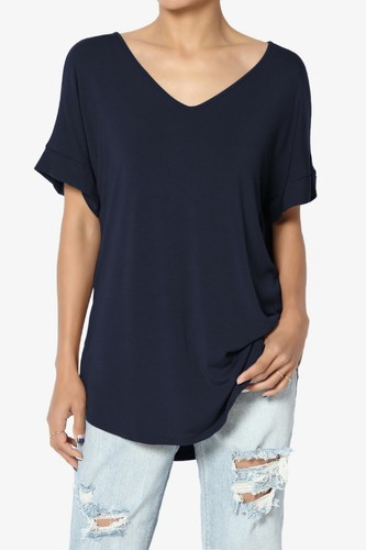 TheMogan S~3X Wide V-Neck Cuffed Short Sleeve Curved Hem Luxe Jersey Top - Picture 183 of 212