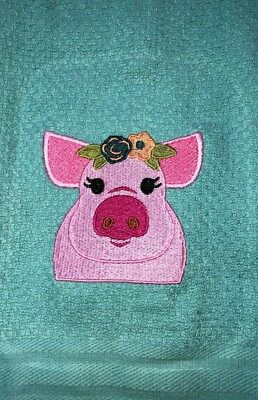 Embroidered Teal Mainstays Kitchen Hand Towel Pig Face Head w Flowers BS2616