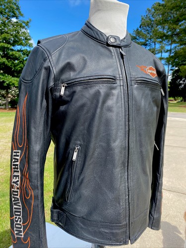 Harley Davidson Men’s RIDE READY Black Leather Jacket Medium 98000-10VM Flames - Picture 7 of 12