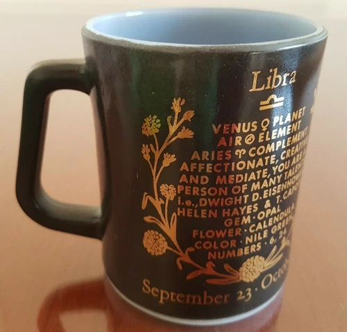 Libra Federal Milk Glass Coffee Mug Black Gold Astrology Zodiac Scales Vintage 