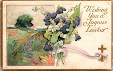 Postcard Wishing You a Joyous Easter Flower Bouquet and Golden Cross 1909  13493