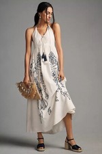 New Farm Rio Embroidered Halter Dress Linen Anthropologie Maxi Backless Size S P