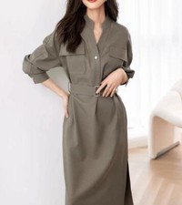 Women's V Collar Slim Fit Shirt Dress Belt Long Sleeve High Waist Midi Skirt 2XL