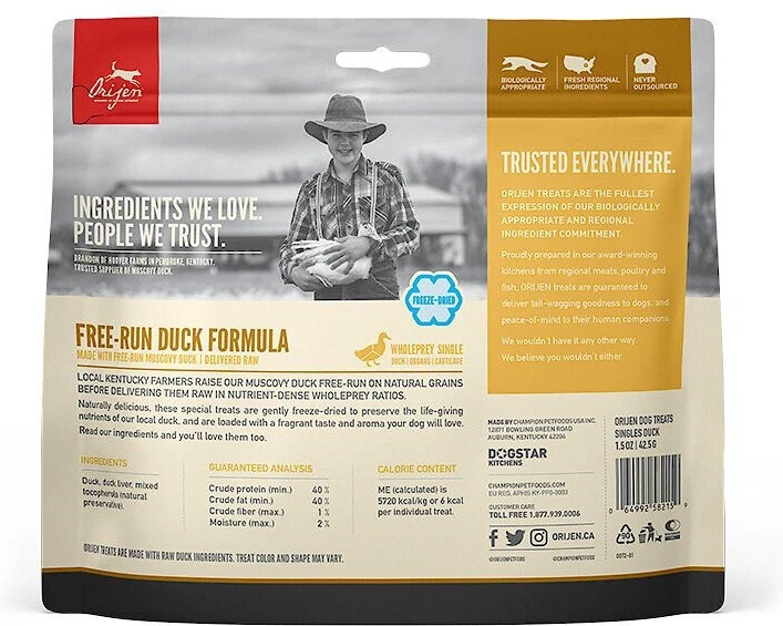 Receta de pato ORIJEN (2) paquetes 3,25 oz golosinas naturales liofilizadas saludables EE. UU. Foto 2 de 2