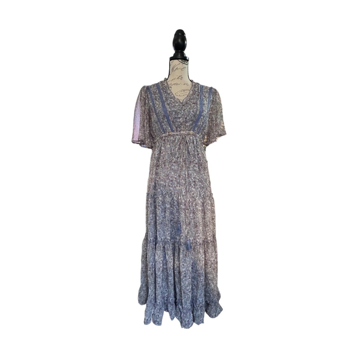 In The Loom Blue Floral Tiered Flutter Sleeve Midi Dress L | eBay