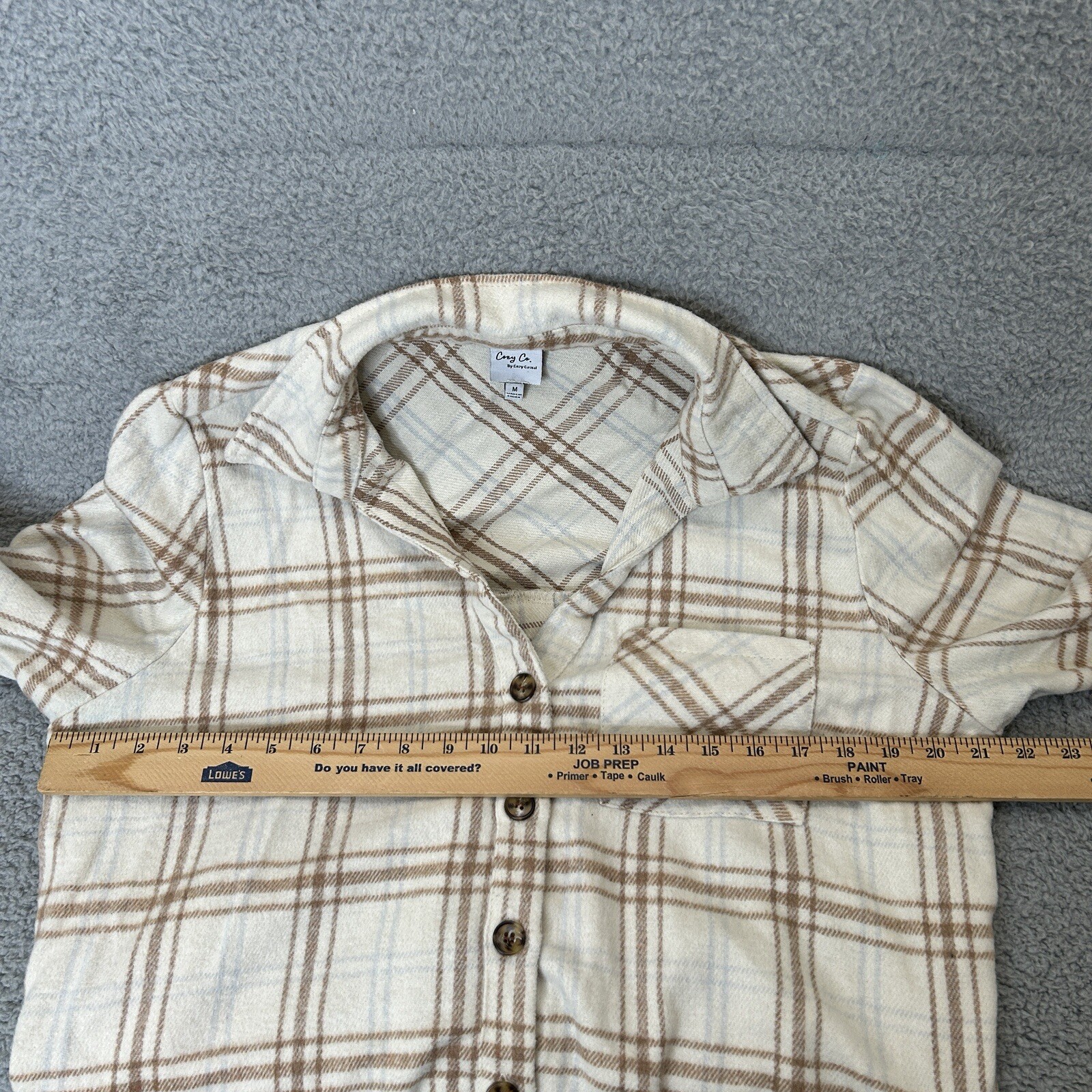 Cozy Co Shirt Women Medium Ivory Plaid Button Up Tunic Lightweight Shacket