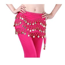 Women Belly Dance Costumes Hip Scarf Wrap Belt Skirt PINK/ GOLD Coins Beads